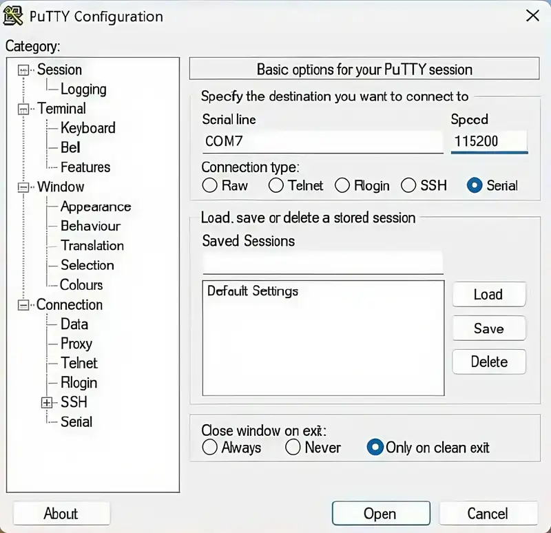 Setting the COM port and speed in PuTTY