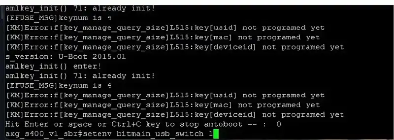 Entering the setenv bitmain_usb_switch 1 command