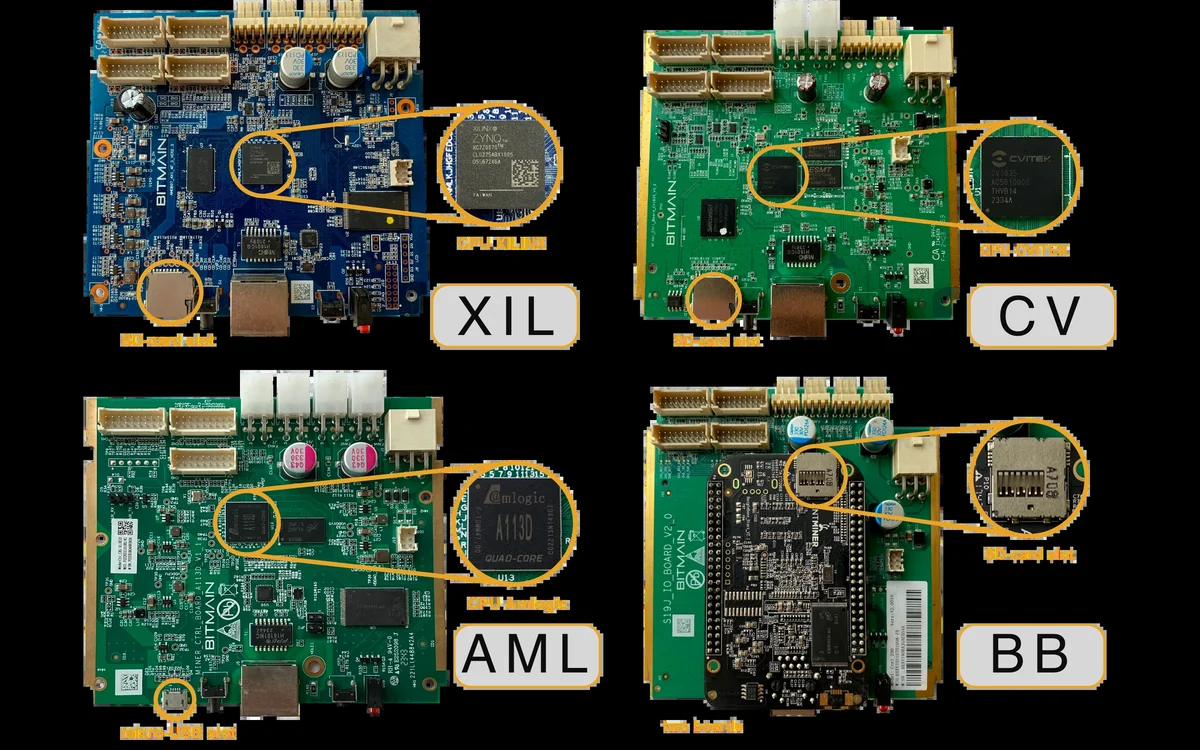 Antminer control boards of different types side by side for comparison