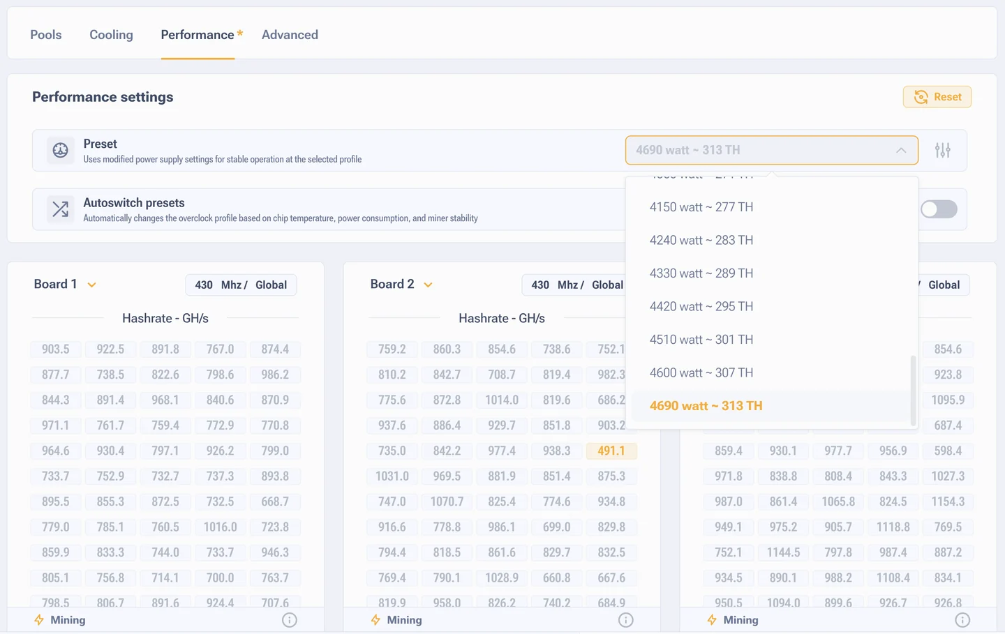 Drop down list of overclocking and power saving profiles in the firmware