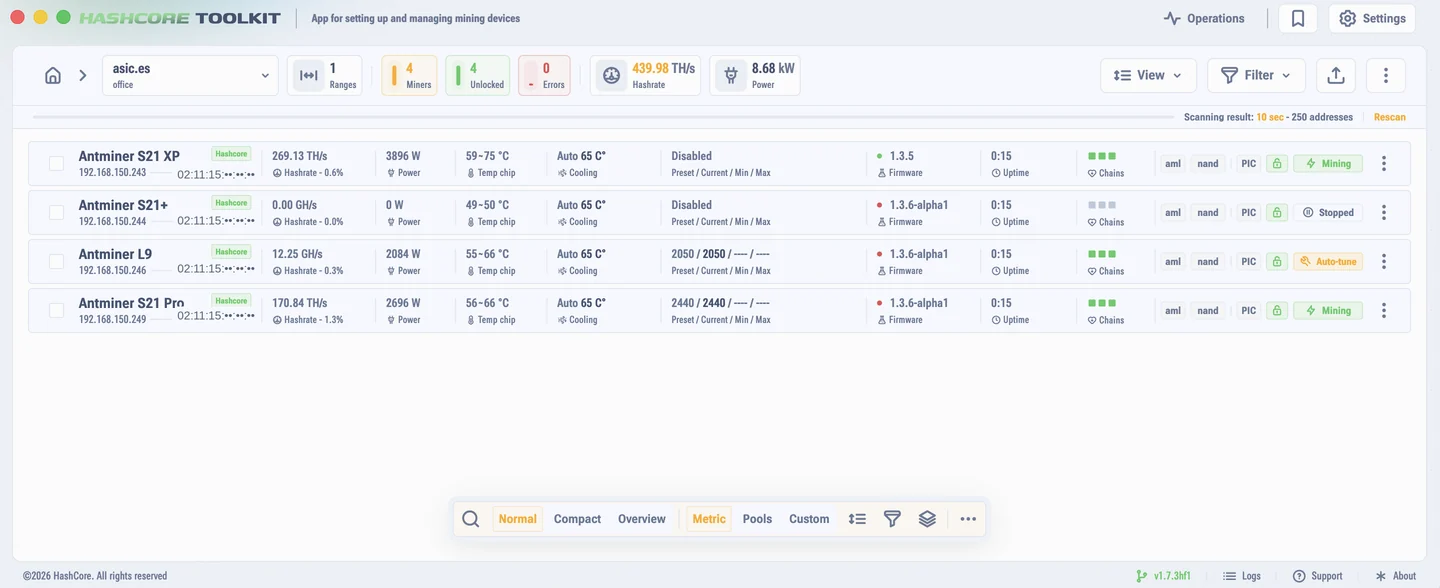 نافذة HashCore Toolkit مع قائمة أجهزة التعدين الموجودة