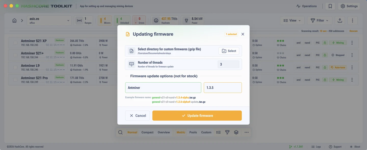 نافذة تثبيت وتحديث البرنامج الثابت في HashCore Toolkit