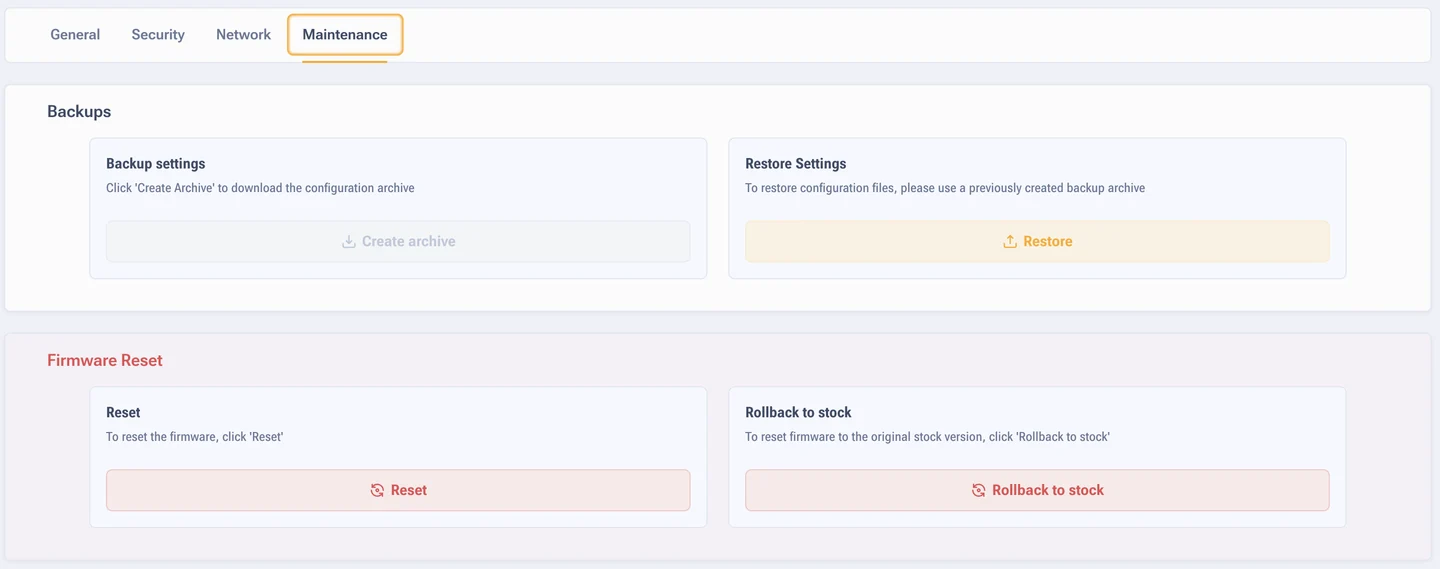 General settings section with the backup buttons