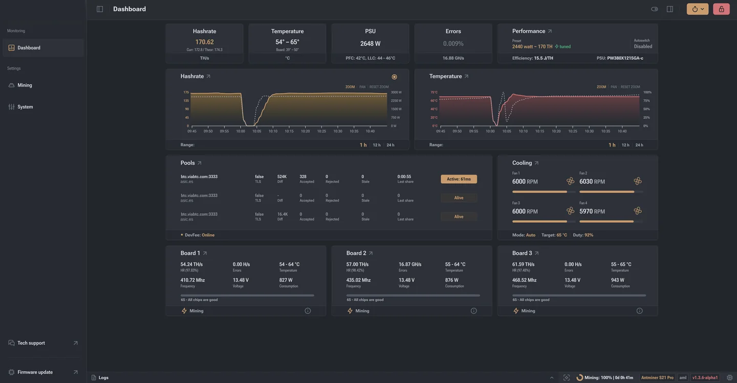 AsicBoost firmware main screen in the dark theme