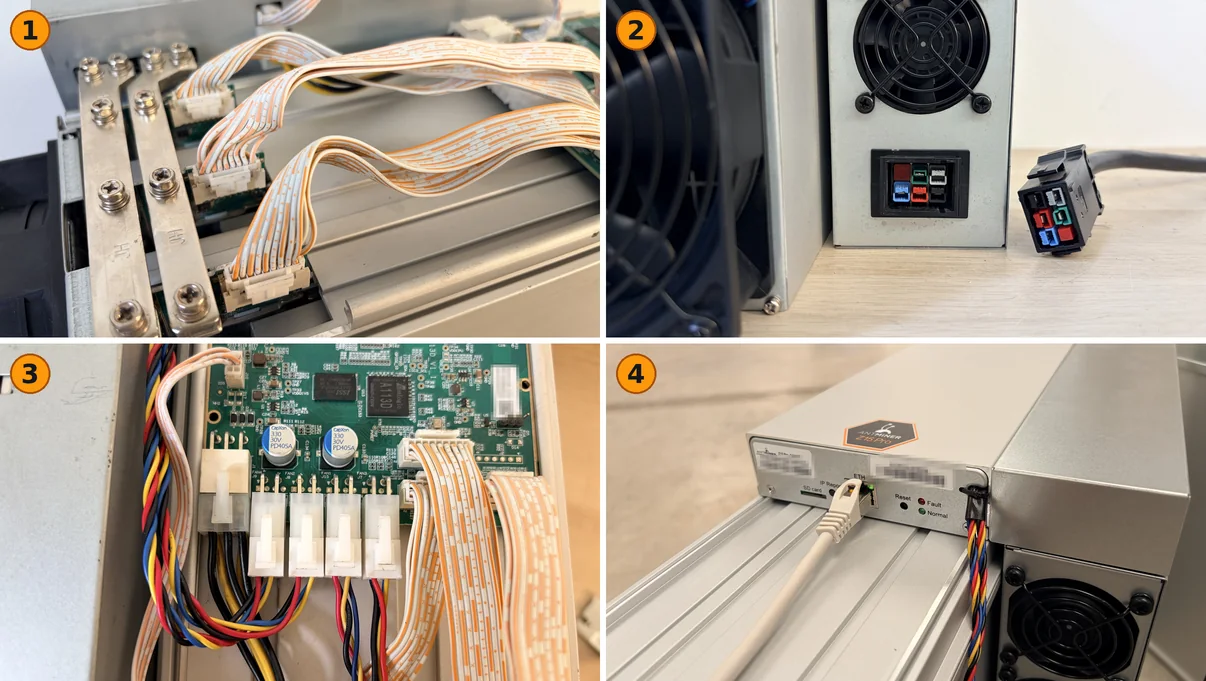 Cuatro fotos en cuadrícula: cables planos y barras de potencia en las placas hash, conector de potencia de la fuente, conectores de la placa de control, par trenzado en el puerto Ethernet