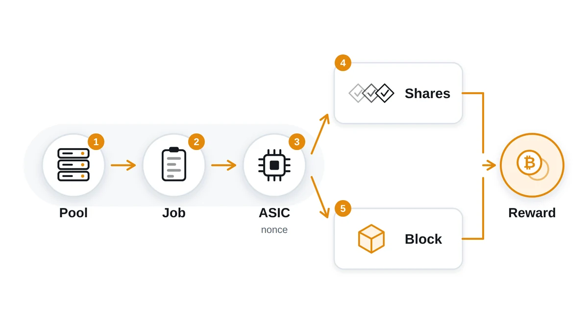 Esquema de trabajo de un ASIC: tarea del pool, búsqueda del nonce, hash, envío del share