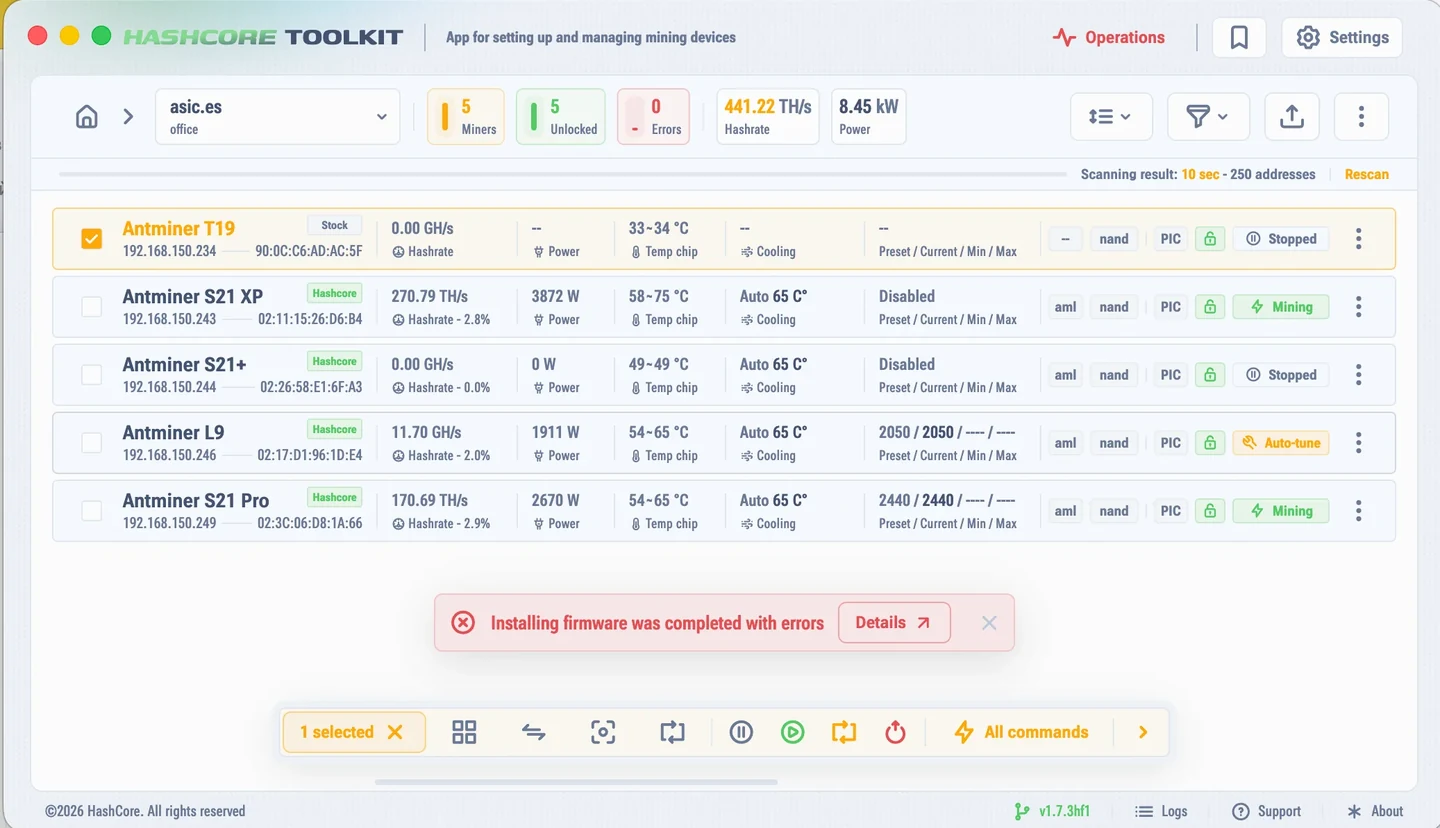 Баннер об ошибке установки прошивки в HashCore Toolkit